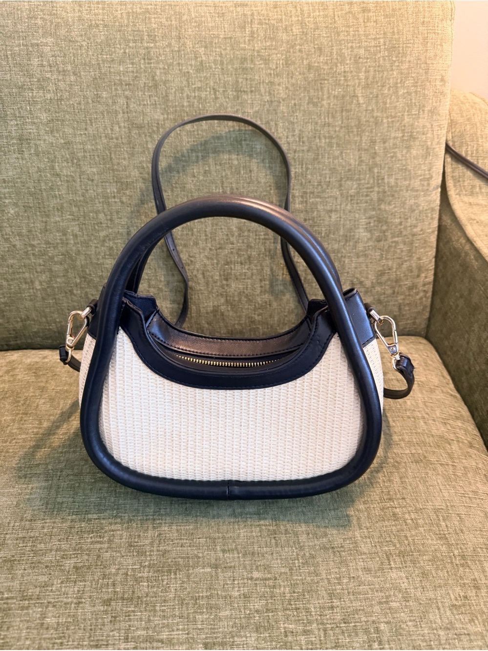 Woven Cream and Black Top-Handle Shoulder Bag